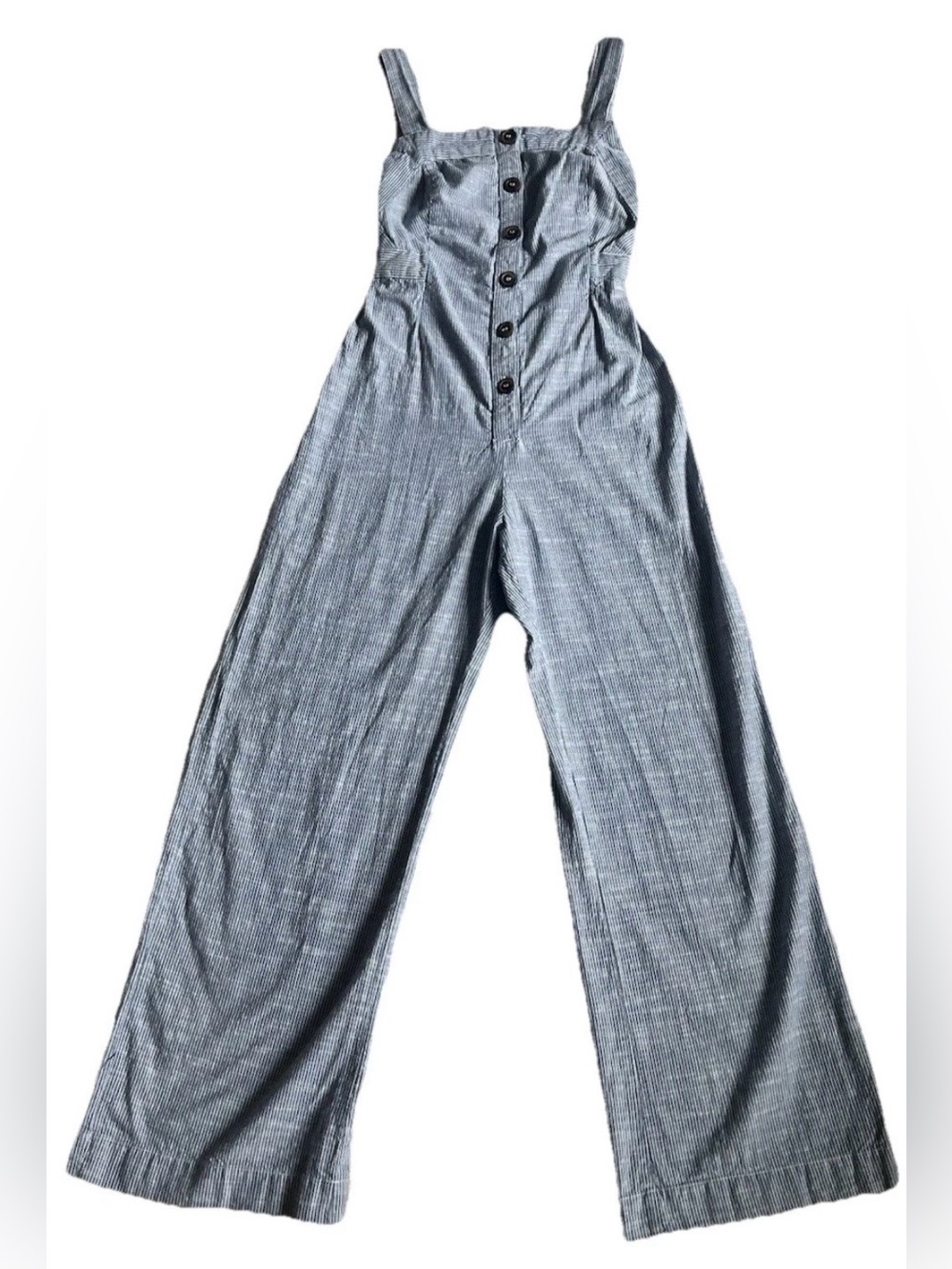 Japna Blue & White Striped Button-Front Wide-Leg Square-Neck Jumpsuit - Picture 1 of 11